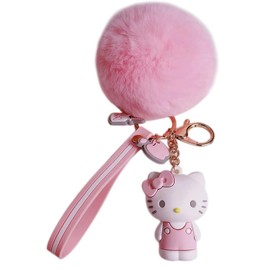 PaPiJoJo Cute Keychains for Women/Girls, Kawaii Pom Pom Fuzzy Key Chain Accessories Wristlet Cartoon Keychain for Backpack Car Keys (Pink208)