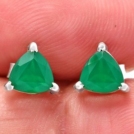 DESIRE GEM Natural Multi Stones Trillion Shape 925 Silver Stud Earrings DGE1071 E-1017 - Green Onyx