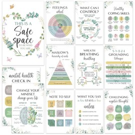 12 Pcs Mental Health Growth Mindset Change Posters Set (11x17") - Safe Space Feelings Wheel Coping Skill Poster for Therapy Counseling Office School Home Wall Decor Counselor Therapist Gifts