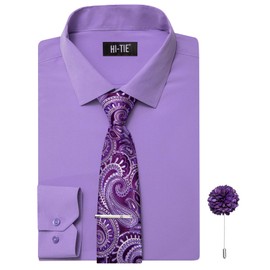 Hi-Tie Men's Purple Dress Shirts and Tie Pocket Square Lapel Pin Set Stretch Long Sleeve Button Down Casual Dress Shirts