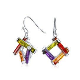 Colorful Statement Fashion Multicolor CZ Bars Geometric Square Dangle Earrings For Women Teens Prom Silver Plated Fish Hook