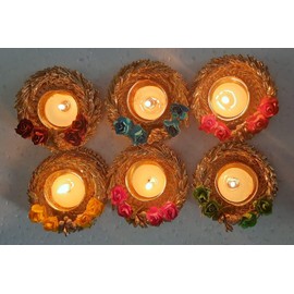 Set of 6 Multi Flower T Light Holder Candle Stand Tealight T-Light Holders for Festival Decorations Lighting Accessories Wedding Home New Year Decor (WITHOUT CANDLE AND WAX)
