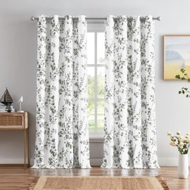 Melodieux Floral Curtains 96 Inches Long for Living Room, Farmhouse Grey Apricot Flower Print White Decorative Grommet Drapes, 52x96 Inch, 2 Panels