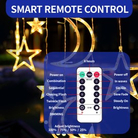 Ramadan Fairy Lights with Moon and Stars, Ramadan Decoration 3.5 m Fairy Lights Curtain Eid Mubarak Decoration USB 12 LEDs Fairy Lights Indoor with Remote Control for Balcony Indoor Outdoor Party