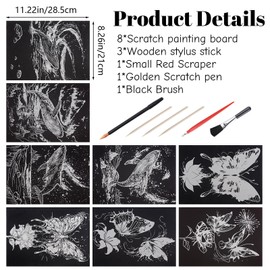 URROMA Scratch Art Adult, 8Pcs Scratch Painting Rainbow Paper Set Whale and Butterfly Theme Arts Kits with Tools Landscape Scratchboard