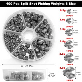 Realure 100 Pcs/6 Sizes Split Shot Fishing Weights 0.5g 1g 1.5g 2g 3g 4g Removable Round Fishing Weight, Sinkers Tackle Assortment Kit for Sea Carp Coarse Freshwater