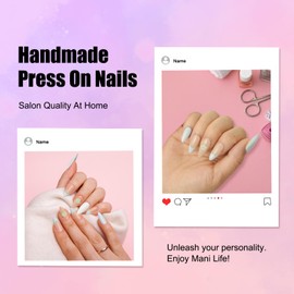 Handmade Press On Nails Medium Almond-Salon Gel Acrylic Full Set 10pcs-Reusable Nude Base Blue French-Tip Floral Design (Crystal Flower, Size M)