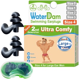 WaterDam Swimming Ear Plugs Waterproof Ultra Comfortable Prevent Swimming Earplugs Size 4+4: Adult with Big Ear (Black)