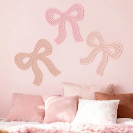 Maysing 3 Pcs Boho Bow Wall Decor Pink Bow Nursery Decoration Coquette Room Decor Wooden Woven Macrame Wall Hanging Pink Preppy Decoration for Nursery Dorm Girls Room