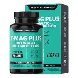 T-MAG L-Treonato Magnesio PLUS | Treonato, Melena de León | Alta absorción con Piperina al 95% | Magnesium Threonate | Pimienta negraSuplemento Alimenticio Vegano - (60 Cápsulas)