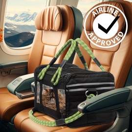 FLUFFY COMMUTE | TSA Airline Approved |Soft Sided Pet Carrier | Cat Carrier | Dog Carrier| Pets Up to 20 lbs | Leash & Luggage Strap | Black with Green Handle
