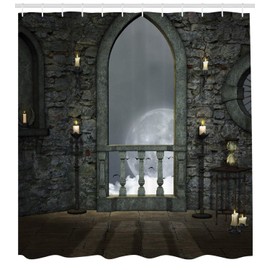 Ambesonne Gothic Shower Curtain, Full Moon Birds Fairytale Fantasy Old Castle Balcony Burning Candle Night View Art, Cloth Fabric Bathroom Decor Set with Hooks, 70" Long, Green