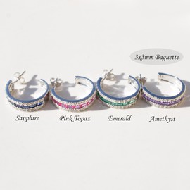 Silver Smile Sterling Silver Hoop Earrings | 2.5 CTW Dual Lab-Created White Topaz and Ruby Earrings With Push Backs | Baguette Huggie Earrings | Cute Earrings Aesthetic | Hanging Earrings