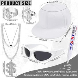 Goenb Solja Boy Hip Hop Costume Kit, Rapper Costume Accessories 80s 90s 2000s Hip Hop Costume Accessories with Glasses Dollar Chain Ring White Cap (White)