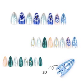 LBPEPAMZ 24Pcs Ocean Press on Nails Medium Almond Fake Nails with 3D Pearl Gold Shell Starfish Design Colorful Marine Life Summer False Nails Blue Gradient Acrylic Glossy Glue on Nails for Women Nails