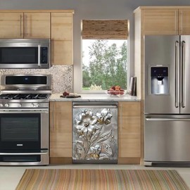Floral Dishwasher Magnet Cover - Stainless Steel Look Vinyl Decal for Appliance Reusable Scratch-Resistant Magnetic Sticker for Fridge, Washing Machine, Kitchen Decor 23" W x 26" H