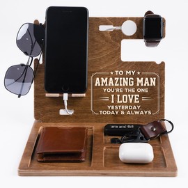 Fastpeace Wood Phone Docking Station for Him for Him 2024 - Desk Accessories & Workspace Organizer - Birthday Gifts for Boyfriend, Key Holder - Stand Watch for Men