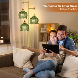 ILLMTW Glass Floor Lamp for Living Room,Bedroom,Gold Mid Century Modern Standing Lamp Brass Tree 3 Light Tall Floor Lamps Vintage Retro Floor Lights Green Flower Lamp Shade Farmhouse Boho Bohemian