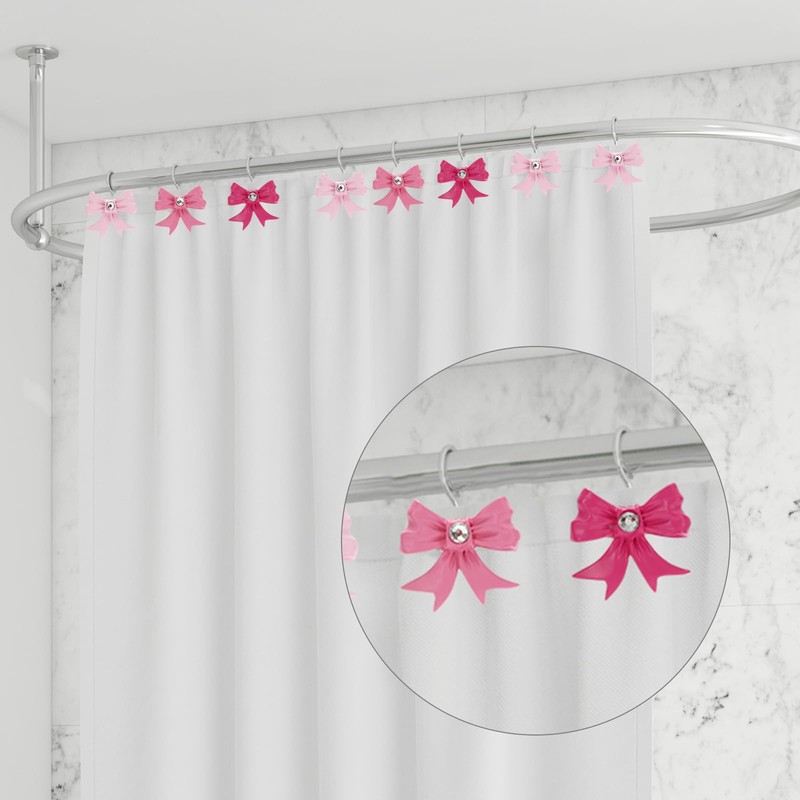 JarThenaAMCS 12Pcs Pink Bow Shower Curtain Hooks Cute Bow Knot