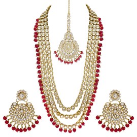 Aheli Indian Ethnic Wedding Faux Kundan Beaded Bridal Long Necklace Earrings with Maang Tikka Traditional Jewellery Set for Women