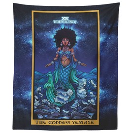 The Goddess Yemaya Temperance Tarot Card Tapestry - African Yoruba Mermaid Goddess Pagan Witch Wall Hanging Home Decor (80" x 68")