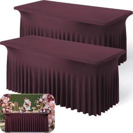 2pk Burgundy Spandex Tablecloths 6ft for Rectangle Tables, Wrinkle Free Classy Table Skirt Stretchy Fitted Table Cloths Covers 6 Foot for Weddings Birthday Party Events Banquette Baby Shower