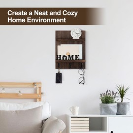 Lucundm Key Holder Wall Mount, Mail Shelf Decor with 3 Key Hooks, Versatile Wood Wall Organizer for Entryway Hallway (8.2” x 10.6”x 3.6”) (Home-Brown)