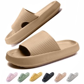 IDEINER Bathing Shoes for Men and Women Cozislides Original Cloud Slippers Non-Slip Thick Sole Cloudyzz Mules Indoor/Outdoor Unisex Size 36-47, Wheat Khaki, 42/43 EU