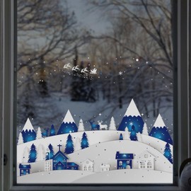 Alwayspon Christmas Static Window Film Privacy, Double Sided Snowflake Window Cling Sticker, Anti UV Glass Film for Christmas Decoration, Village and Santa Claus T029