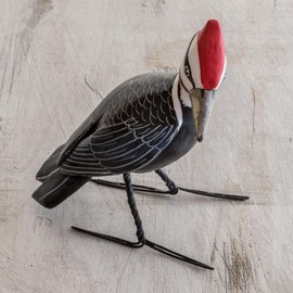 NOVICA Artisan Handcrafted Ceramic Figurine Guatemalan Posable Woodpecker Red Black Sculpture Animal Themed Painted Bird [6.25in L x 2in W x 3.9in D] ' Pileated Woodpecker'