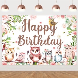 Balterever Owl Birthday Party Decorations for Girls Owl Happy Birthday Backdrop Banner Owl Woodland Birthday Party Supplies for Photography Background