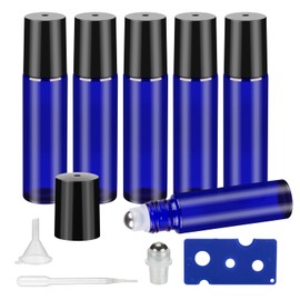GIVITASOT 10ML Essential Oil Roller Bottles, 6 Pack Blue Oil Roller Bottles for Essential Oils, Roll on Bottle with Stainless Steel Balls(6 Labels, Opener, Funnel, Dropper Included)