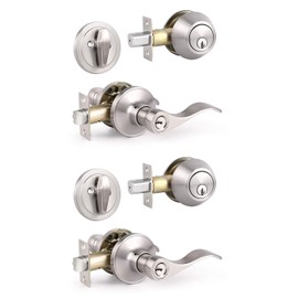 Knobonly 2 Sets of Front Exterior Door Knob Set with Single Cylinder Deadbolts in Satin Nickel Finish, All Keyed Same Combo Pack, Wave Style Entry Door Lever Locks with Combinations