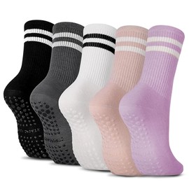 GWAWG 5 Pairs Yoga Grip Socks Women, Non Slip Pilates Socks Grippy Socks Ladies Mid-Calf Grip Socks Breathable Cotton Socks for Ballet, Dance, Workout, Fitness, Running