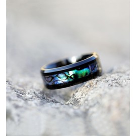 TIGRADE 8MM Abalone Shell Titanium Rings Wedding Bands Comfort Fit Size 6-14, Black, Size 10