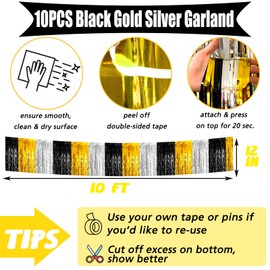 10 Pack 10 Feet Foil Fringe Garland Metallic Tassle Banner Wall Hanging Tinsel Streamers Backdrop for Parade Floats, Notorious One Birthday Roaring 20s Graduation Party Decorations(Black Gold Silver)