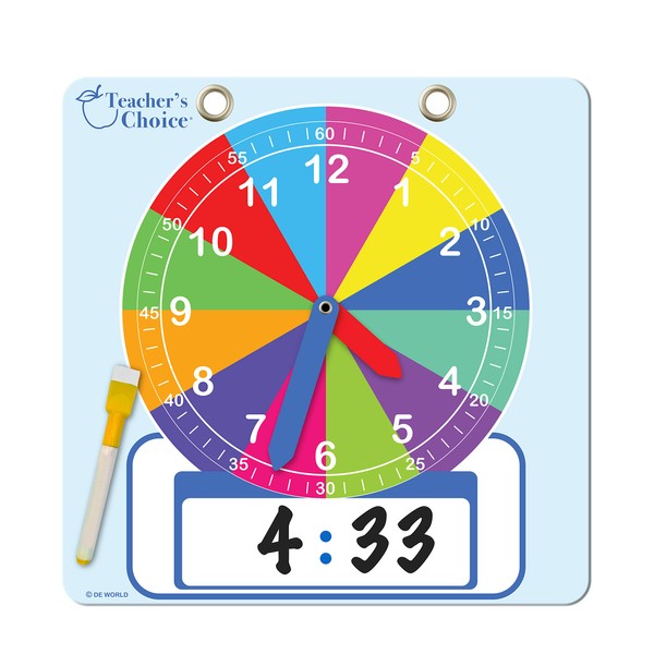 Teachers Choice Writable Dry Erase Learning Clock | Large 12" Demonstration Teaching Time Practice Clock with Dry Erase Writing Surface | Marker Included | (Rainbow)