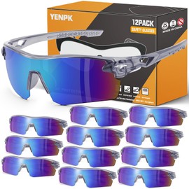 YENPK 12 Pack Safety Glasses, ANSI Z87.1+UV Protective Eyewear, Impact Resistant Anti-Scratch Safety Goggles for Men Women（Blue Mirror & Gray frame）