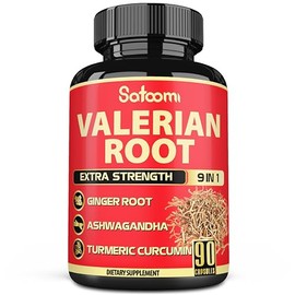 Satoomi Cápsulas de raíz de valeriana – 9 hierbas naturales – Ashwagandha, cúrcuma, jengibre, canela de Ceilán – 90 cápsulas para suministro de 3 mese