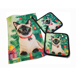 Caroline's Treasures Bundle B - Siamese Cat by The Christmas Tree - Includes 1 Set of Pot Holders and 1 Garden Flag