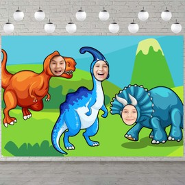 Cute Dinosaur Photo Banner Backdrop Background Photo Booth Props Triceratops T-Rex Face Pretend Play Party Game Dino Theme Decor for Safari 1st Birthday Party Baby Shower Favors Supplies Decorations