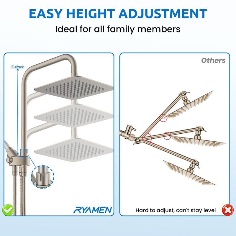 Ryamen 8" Dual Shower Head Combo, High Pressure Rainfall Shower