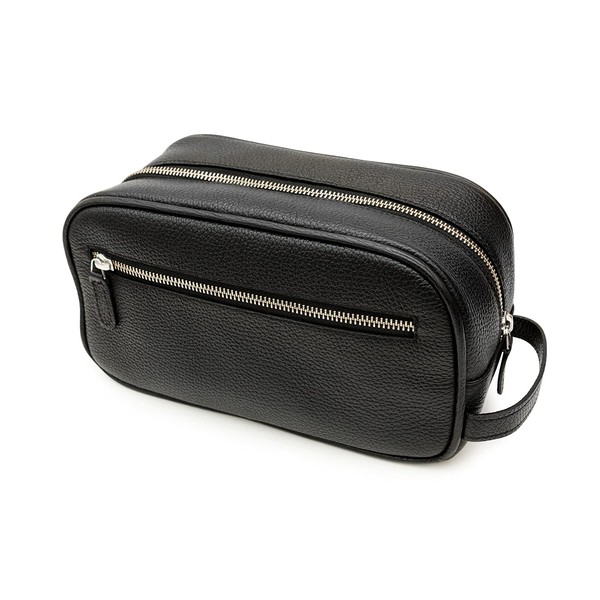 Maruse Italian Leather Toiletry Travel Bag with 2 Zippered Closures for Men and Women, Handmade in Italy (Black)