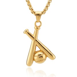 HZMAN Baseball and Baseball Bat Cross Sports Stainless Steel Pendant Necklace 24'' Chain (Gold)