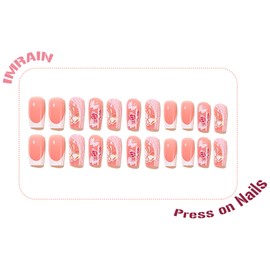 IMRAIN Press on Nails Medium Square Fake Nails French Tip False Nails with Pink Butterfly Design Glossy Glue on Nails Acrylic Nail Art Full Cover Stick on Nails for Women DIY Manicure 24Pcs