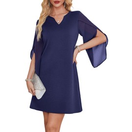 RUMIA Dresses for Women 2025 Elegant Classy V Neck 3/4 Sleeve Trendy Cocktail Party Dress Navy L