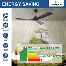 BvenuBigLite Ceiling Fan Without Light: 52 Inch Outdoor Fan for Patios - Black Ceiling Fan No Light Indoor - Modern 3 Blade Fan with Remote APP Control Reversible 6 Speed Noiseless