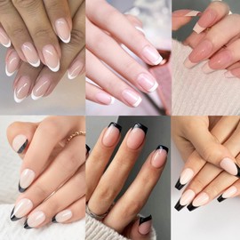 6 Pack (180Pcs) French Tip Press On Nails - Almond Press On Nails, Press On Nails Square, Coffin Press On Nails, Short Fake Nails with Nail Glue, Artificial Nails Stick On Nails for Women(White,Black)