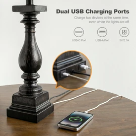 BOBOMOMO 27" Farmhouse Table Lamp Set of 2 with USB A+C for Bedroom Living Room Vintage Rustic Traditional Nightstand Bedside Lamps Retro Side Table Lamps (Black)
