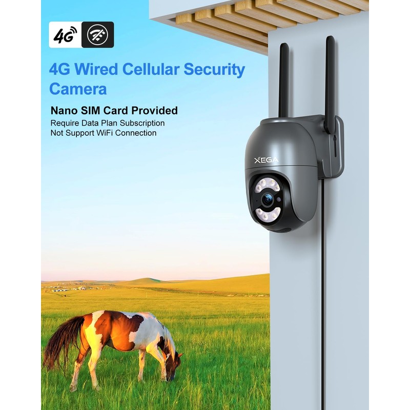Xega 4G LTE Surveillance Camera with SIM Card Outdoor, Wired